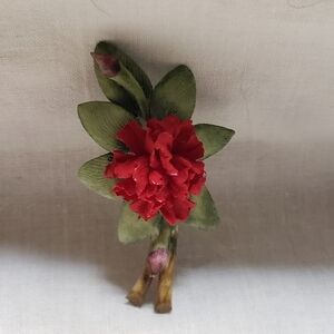 Beautiful Vintage  Capodimonte Red Carnation Brooch Signed And Made In Italy
